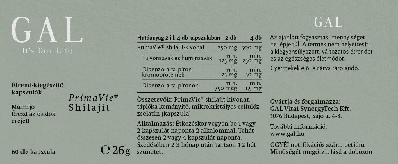 GAL PrimaVie Shilajit (Múmijó) kapszula - Összetevők, tápértékek